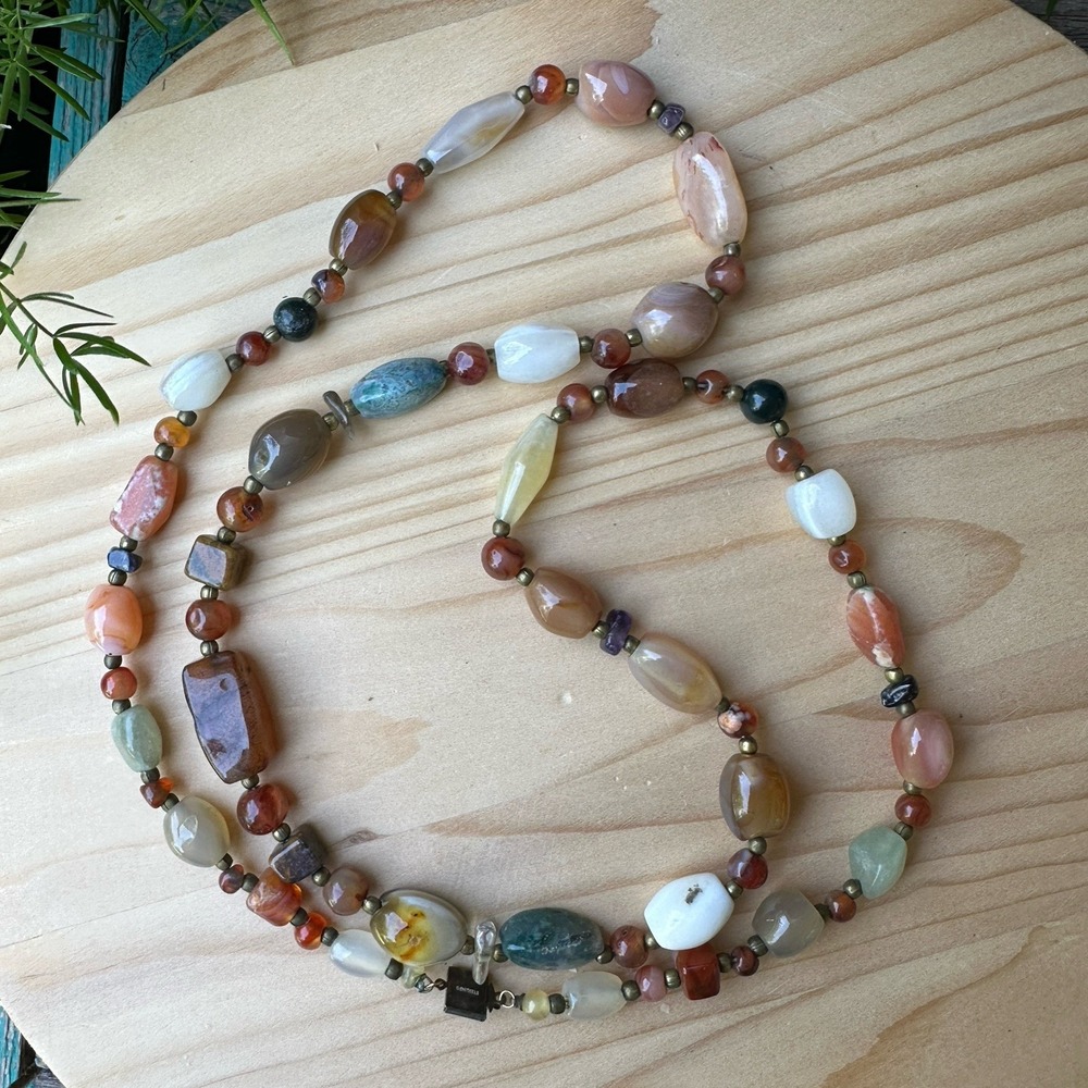 VTG Beaded Necklace 34 Inch Polished Agate Purple Amethyst Gems‎ 925 Sterling